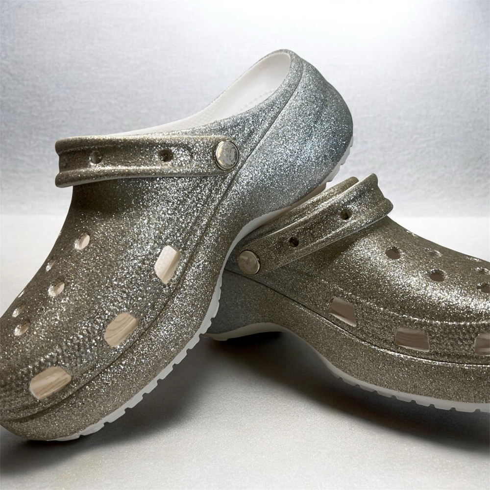 Crocs classic silver glitter platfrom shoes slip in size 10